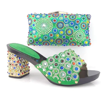 African shoes and matching bag set with rhineston italian ladies high heels pumps green !HBQ1-12