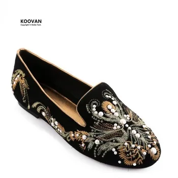 Koovan Women Flats New 2017 Fashion Women Shoe Baroque Retro Court Style Embroidery Pearl Women Boat Shoes