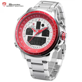 Winghead Shark Sport Watch Luxury LCD Digital Red White Dual Time Date Alarm Stopwatch Steel Strap Mens Quartz Wristwatch /SH328