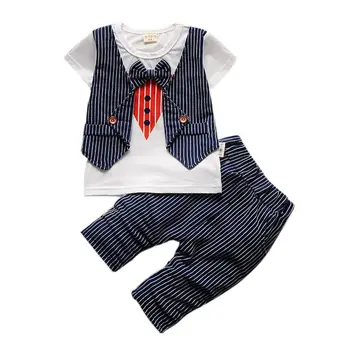 Double Breasted Cotton O-neck Little gentleman baby boy clothes two suit vest fake red tie coat striped trousers two piece