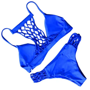 Bright Blue Net design Women Push Up Padded Brazilian Bikini Set Swimwear Beach Bathing Suit Sexy swimming Thong bikini 2017