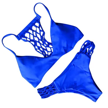Bright Blue Net design Women Push Up Padded Brazilian Bikini Set Swimwear Beach Bathing Suit Sexy swimming Thong bikini 2017