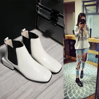 Women's boots 2016 high-end fashion atmosphere square head genuine leather boots