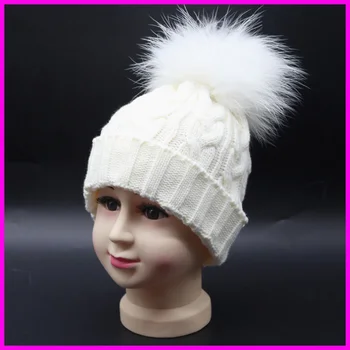 Kids Winter Hats Dyed Real Raccoon Fur Pom poms Hat For Children Wool Knitting Baby Beanies Girl Boy Cap