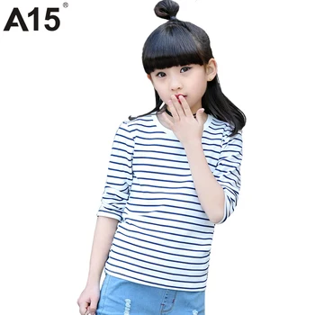 A15 T Shirt Girl Black Kids Teen Girl T-shirts Long Sleeve Casual Kid Children Striped T-shirt Spring Autumn Tees Tops Age 10 12