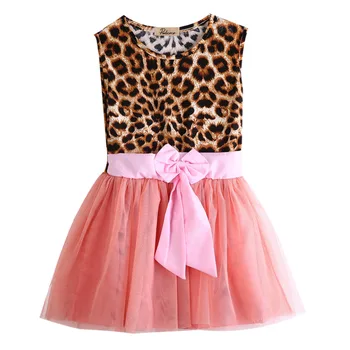 2016 Fashion Kids Baby Girls summer Clothes Ruffle Leopard Sleeveless Shirt Lace Bow Tulle Tutu Party Dress