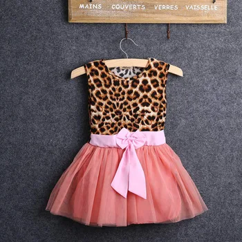 2016 Fashion Kids Baby Girls summer Clothes Ruffle Leopard Sleeveless Shirt Lace Bow Tulle Tutu Party Dress