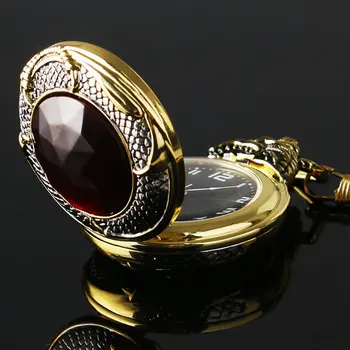 Vintage Gold Pocket Watch Men Evil Dragon New Golden Tone Case Big Red Crystal Retro Red Garnet Inset Luxury Necklace Gift