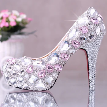 Luxury Pink Crystal Wedding Shoes Bride Fashion Shallow Mouth Diamond Shoes Super High Heel Waterproof Pumps