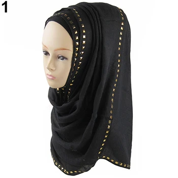 Women's Muslim Long Soft Hijab Rivet Islamic Scarf Cotton Shawl Head Wear Hat
