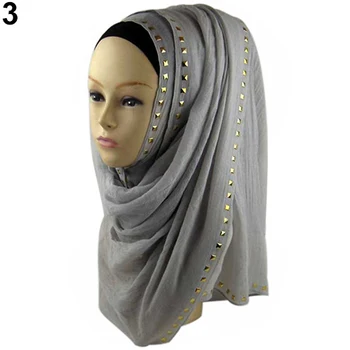 Women's Muslim Long Soft Hijab Rivet Islamic Scarf Cotton Shawl Head Wear Hat