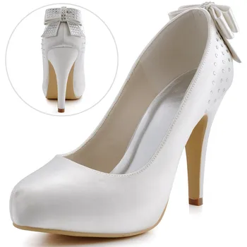 EP11034-IP Women Bride Bridesmaids Ivory White Beige High Heel Platforms Bow Rhinestone Satin Wedding Bridal Evening Party Shoes