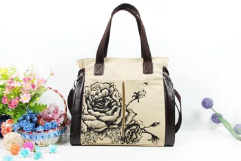 Canvas & PU Leather Splicing Women Designer New Handbag Traditonal Peony Printing Ladies Classy Shoulder Bag Leisure Hand Bag