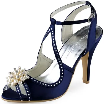 Women Sandals Shoes EP11058 Blue Teal Peep Toe Satin Rhinestones Pearl Stiletto High Heel Lady Bride Prom Party Evening Shoes