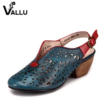 2017 Vintage Women Sandals Genuine Leather Low Heels Cut Out Round Toes Buckle Slingback Women Summer Shoes