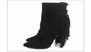 Flock Spring Autumn Party Dress Shoes Women Pointed Toe High Heel Booties Mujer Fringe Decoration Ankle Boots