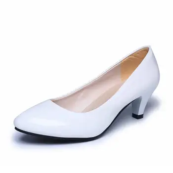 2017 Women 5.5cm Mid High Heel Patent Leather Women Shoes Pointed Toe Office Work Nude PU Leather Court Shoes D45Ma6