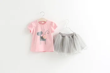 Girls Clothing Hello kitty Sets New Summer Fashion Style Cartoon Kitten Printed T-Shirts+Net Veil Dress 2Pcs Girls Clothes Sets