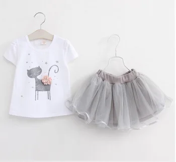 Girls Clothing Hello kitty Sets New Summer Fashion Style Cartoon Kitten Printed T-Shirts+Net Veil Dress 2Pcs Girls Clothes Sets