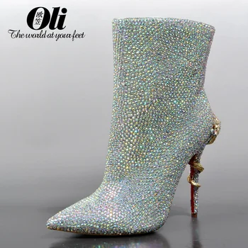Handmade rhinestone pasted genuine leather thin heels pointed toe rhinestone boots wedding shoes spring crystal shoes boots