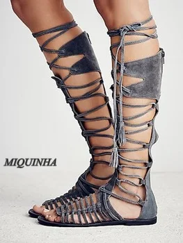 Hot selling chic women flat sandal lace up knee high peep toe shoes zipper relaxation tassels most popular footwear