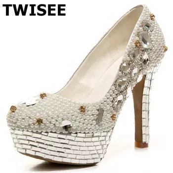 TWISEE Sheepskin Round Toe summer pumps Shallow zapatos mujer women high heels shoes Crystal String Bead Square heel