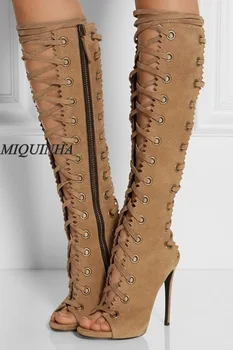 Stylish women hot selling lace up shoes zipper knee high thin high heel peep toe boots nightclub sexy footwear