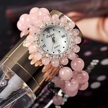 GOOSUU Brand Natural Stone Crystal Watch Women Fashion Watch Women Waterproof Watch Pearl band Pink Bracelet Wristwatch