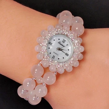 GOOSUU Brand Natural Stone Crystal Watch Women Fashion Watch Women Waterproof Watch Pearl band Pink Bracelet Wristwatch