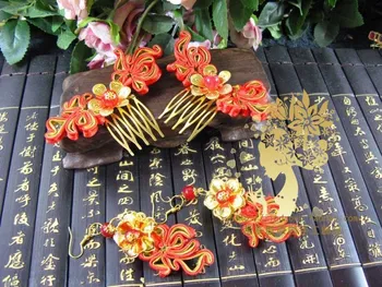 Hongjin Red Satin Bride Wedding Jewelry Hair Accessory Hanfu Costume Accessory price for 1set (2 hair combs + 1 pair earrings)