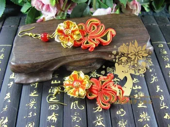 Hongjin Red Satin Bride Wedding Jewelry Hair Accessory Hanfu Costume Accessory price for 1set (2 hair combs + 1 pair earrings)
