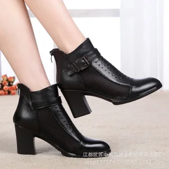 Hollow Mesh Boots Breathable Female Summer New Genuine Leather Women Boots Real Leather High-heeled Sandals Women Shoes