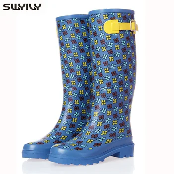Tall Boot Women Flower Print Rainboots 2017 Summer Comfortable Hasp Decoration Blue Rubber Boots Large Size Botas Largas Mujer