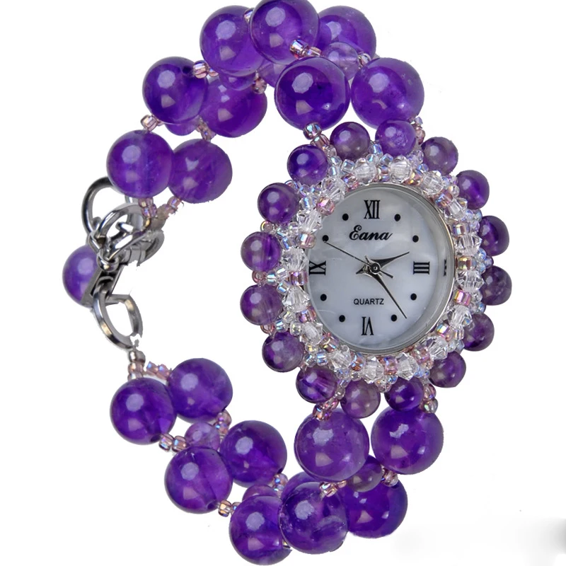 GOOSUU Ladies Watch Natural Amethyst Bracelet Ladies Pearl Watches Luxury Fashion Women Strap Waterproof Quartz Wristwatch