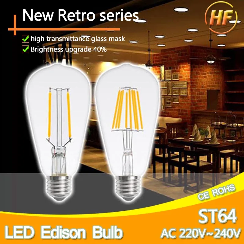 High Bright ST64 T45 Led Edison Bulb Lamp Glass E27 220v Retro Tungsten Filament Bulbs Vintage pendant Filament Lampards 8w 12w