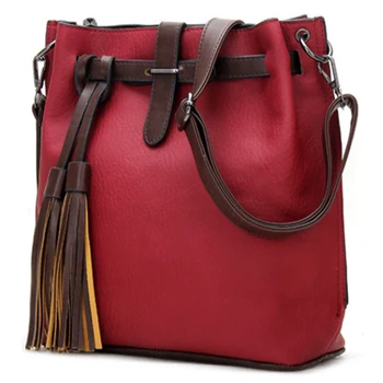 Women PU Leather Handbags Bucket Vintage Shoulder Bags Women Tassel Messenger Bag Large Retro Shoulder Bag Simple Crossbody Bag