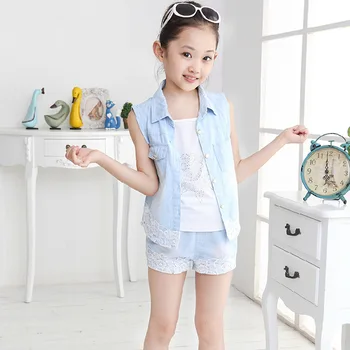 Girls summer clothes 2017 baby girl clothes sets turn down collar sleeveless denim cute lace vest+shorts 2pcs kids clothes sets