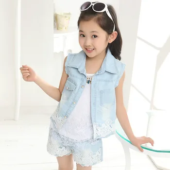 Girls summer clothes 2017 baby girl clothes sets turn down collar sleeveless denim cute lace vest+shorts 2pcs kids clothes sets