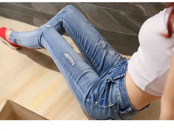 QA271 2017 New slim bodycon pencil pants spring summer jeans women fashion hole ripped trousers