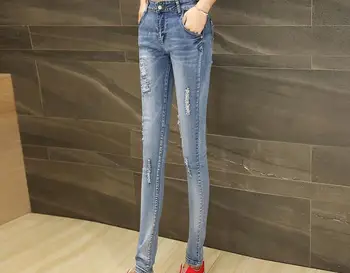 QA271 2017 New slim bodycon pencil pants spring summer jeans women fashion hole ripped trousers