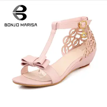 Large size 33-43 Cute  Rhinestone Fretwork Elegant Sweet Summer shoes Buckle Strap women Wedge sandals