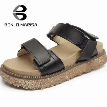 BONJOMARISA Genuine Leather Women Sandals Comfy Flat Heel Platform Shoes For Womans Ummer Open Toe Ankle Strap Leisure Footwear