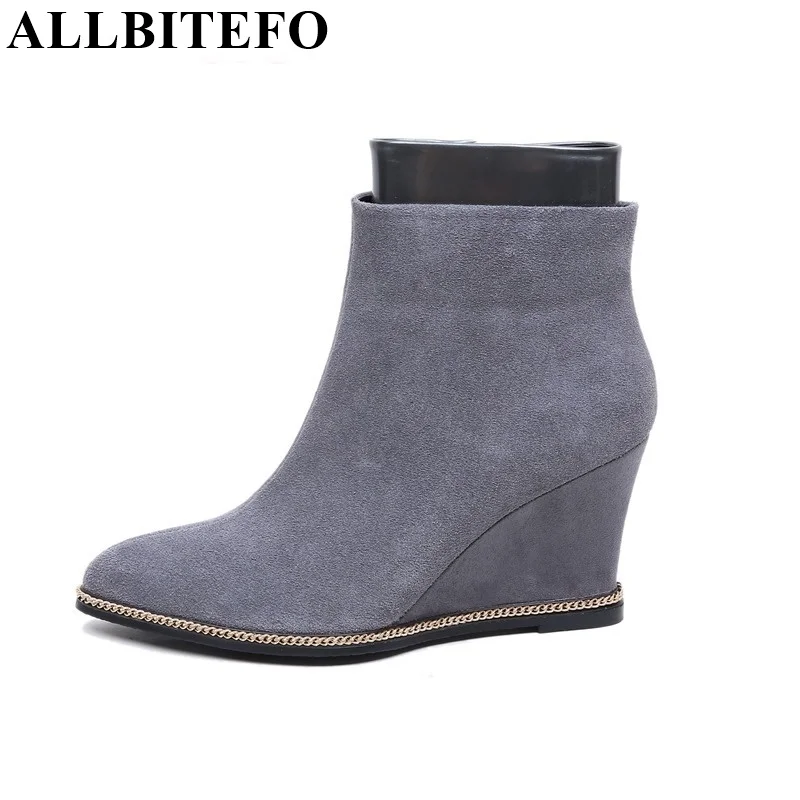 ALLBITEFO genuine leather Wedges heel platform women boots fashion chains mixed colors ankle boots high heels ankle boots woman