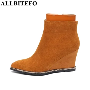 ALLBITEFO genuine leather Wedges heel platform women boots fashion chains mixed colors ankle boots high heels ankle boots woman