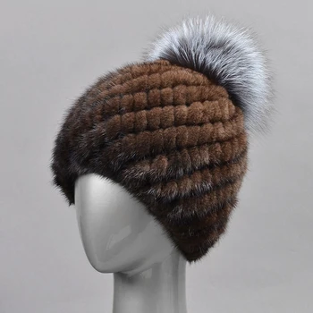 Fashion Winter Warm Real Mink Fur Hat For Women's Beanie Hat Russian Mink Fur Cap with Fox Fur Pompom Ball