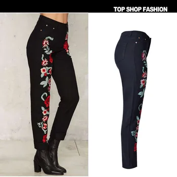 Spring Women Black Embroidered Jeans 3D Rose High Waist Boyfriend Denim Jeans Plus Size Vintage Female 2017 Denim Pencil Pants