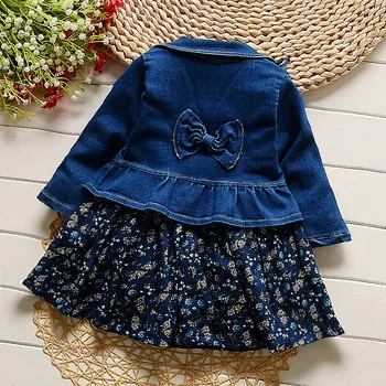 MBBGJOY Baby Girls Set Denim Coat + Vest Dress Spring Autumn Jean Outerwear with Bow Floral Dresses 0-3Y Kids Girls Children