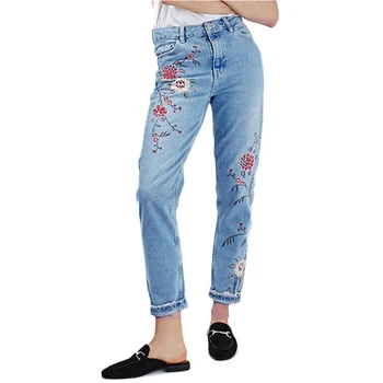 2017 Spring Casual Women Floral Embroidery Jeans For Women High Waist Fashion Ankle Length Denim Pants Hot Womens Clothing