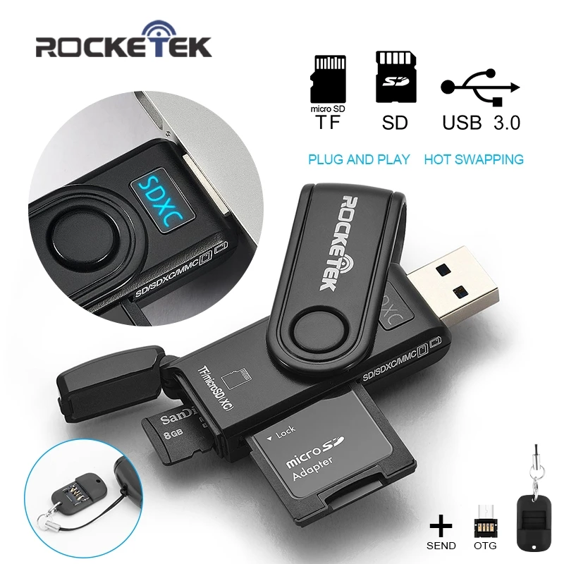 Rocketek same time read 2 cards USB 3.0 Memory Card Reader 2 Slots OTG phone Card Reader for SD, micro SD,TF, micro sdhc sdxc