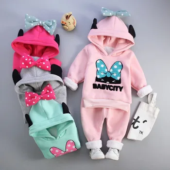 Winter Warm Thicken Cotton Padded Children Clothing Set Cute Cartoon Bowknot Design Girls Hoodie + Pants Set Kids Clothes